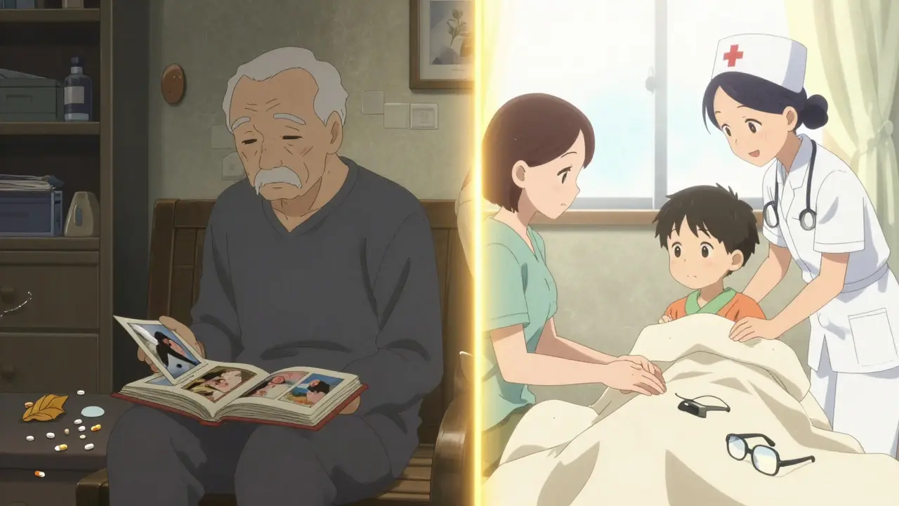 A split scene: one side shows an elderly man in confusion with medications scattered, the other shows him smiling with family and medical support.