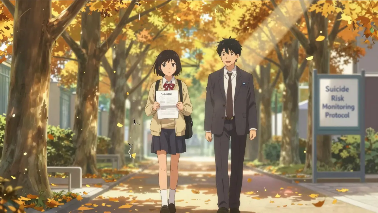 A teen and school counselor walk under autumn trees, holding a suicide risk assessment form, golden leaves fall around them as sunlight breaks through.