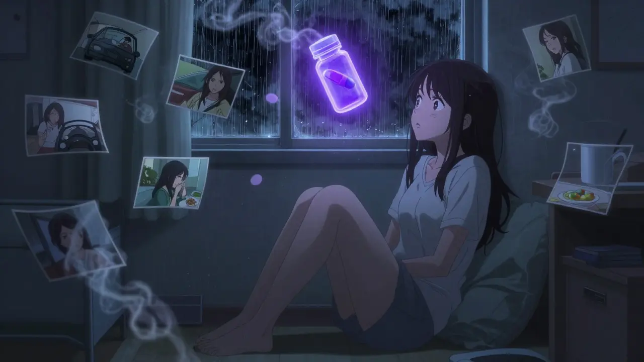 A woman surrounded by fading memories, illuminated by a floating pill bottle in her dark bedroom at night.