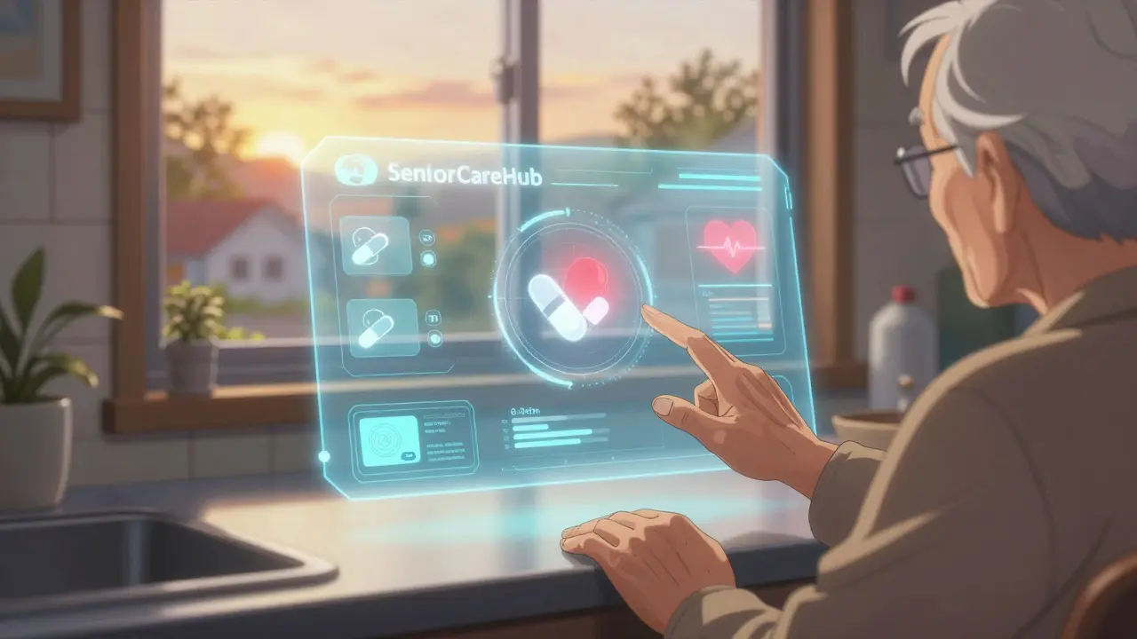 An elderly user interacting with a voice-guided medication safety app via holographic interface.