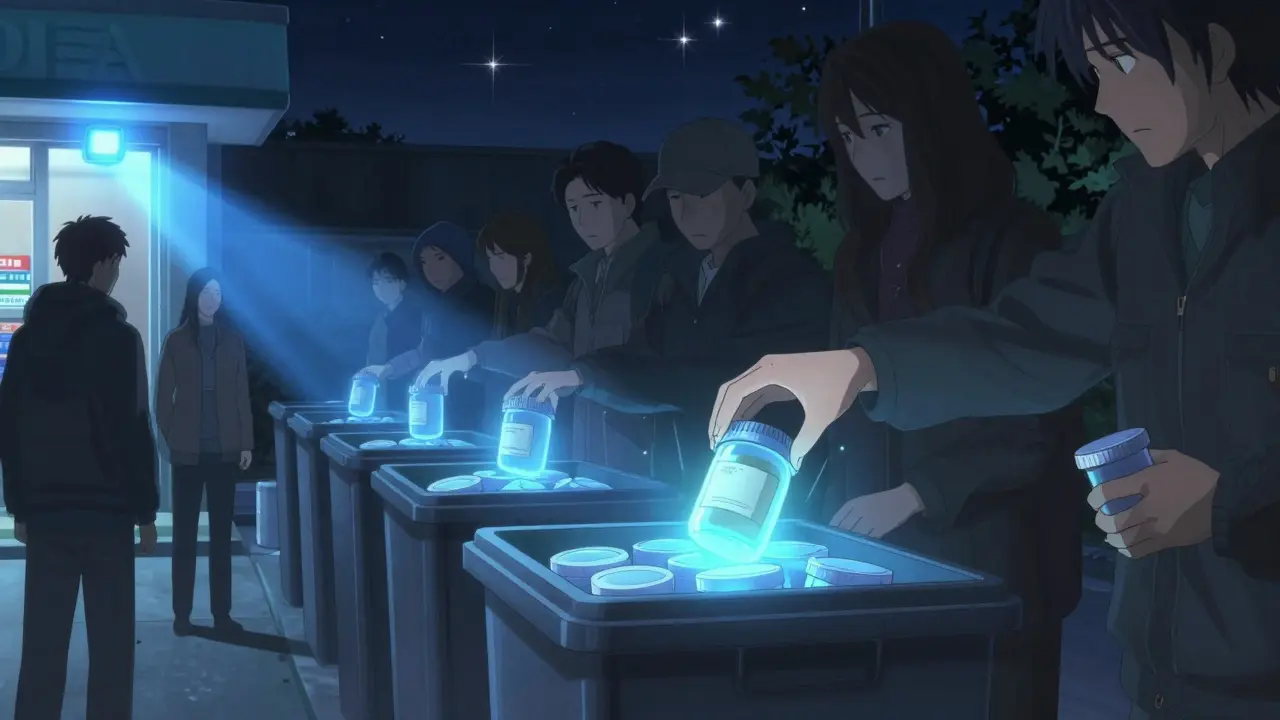 Anonymous people dropping medications into a DEA take-back bin at night under blue lights.