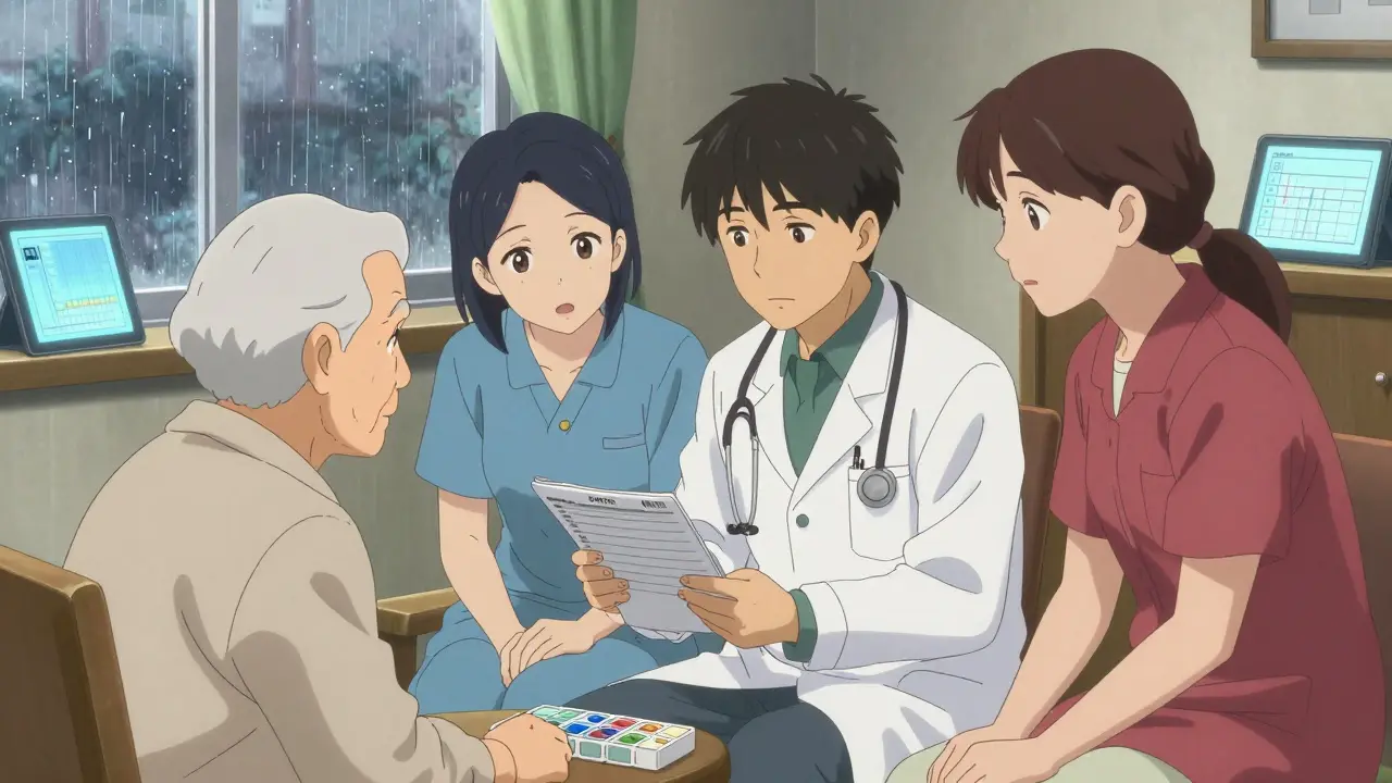 Care team reviewing medication log with elderly patient in a cozy living room.