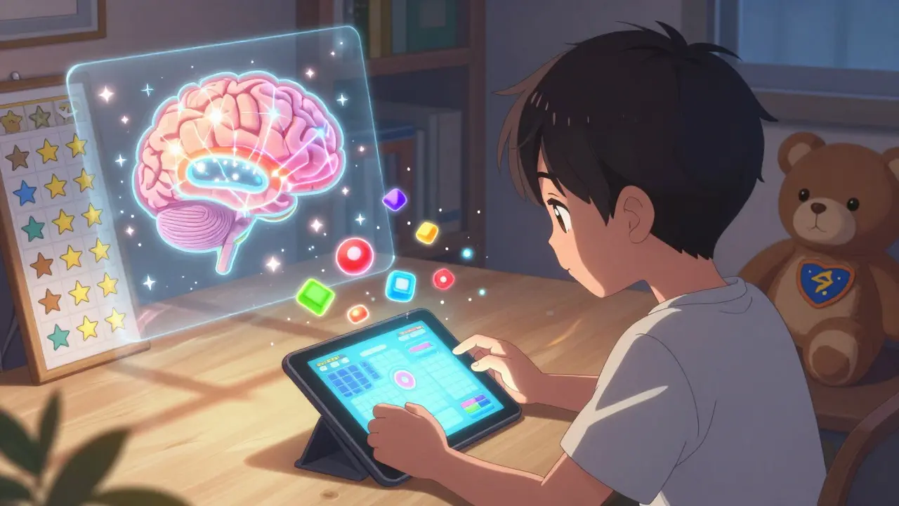 Child playing a digital vision game with brain rewiring visualized as glowing sparks, sticker chart nearby.