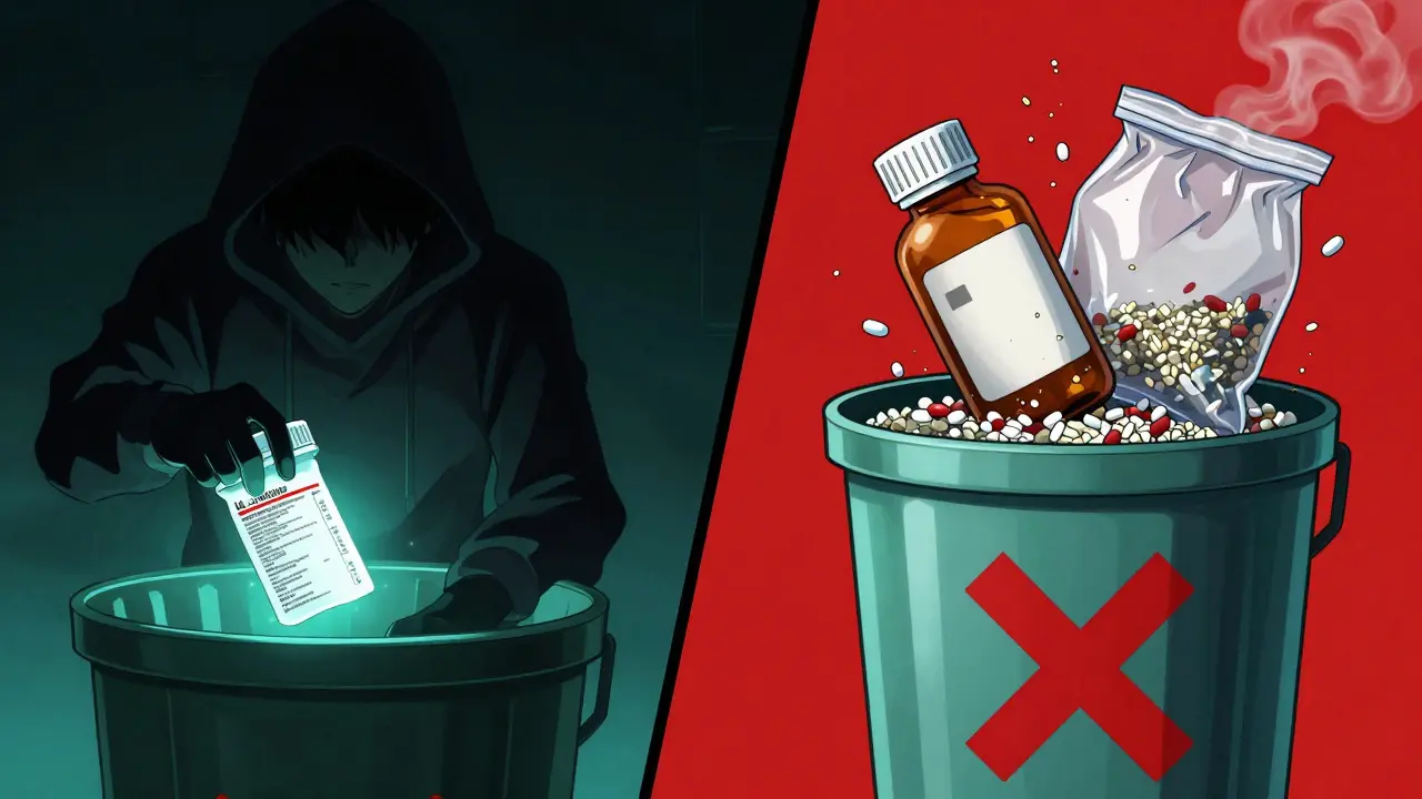 Contrasting scenes: thief with readable label vs. safely disposed meds in sealed bag.
