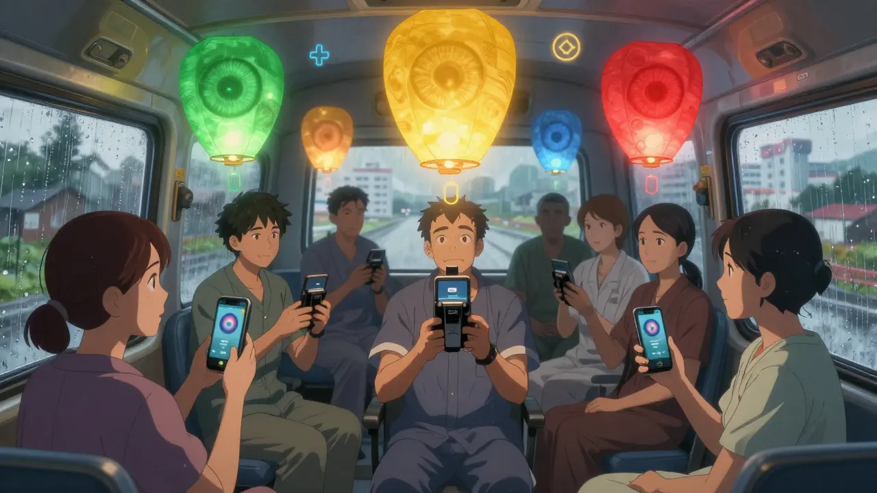 Diverse patients using smartphone retinal adapters in a mobile clinic, with AI-generated risk images glowing in the air.