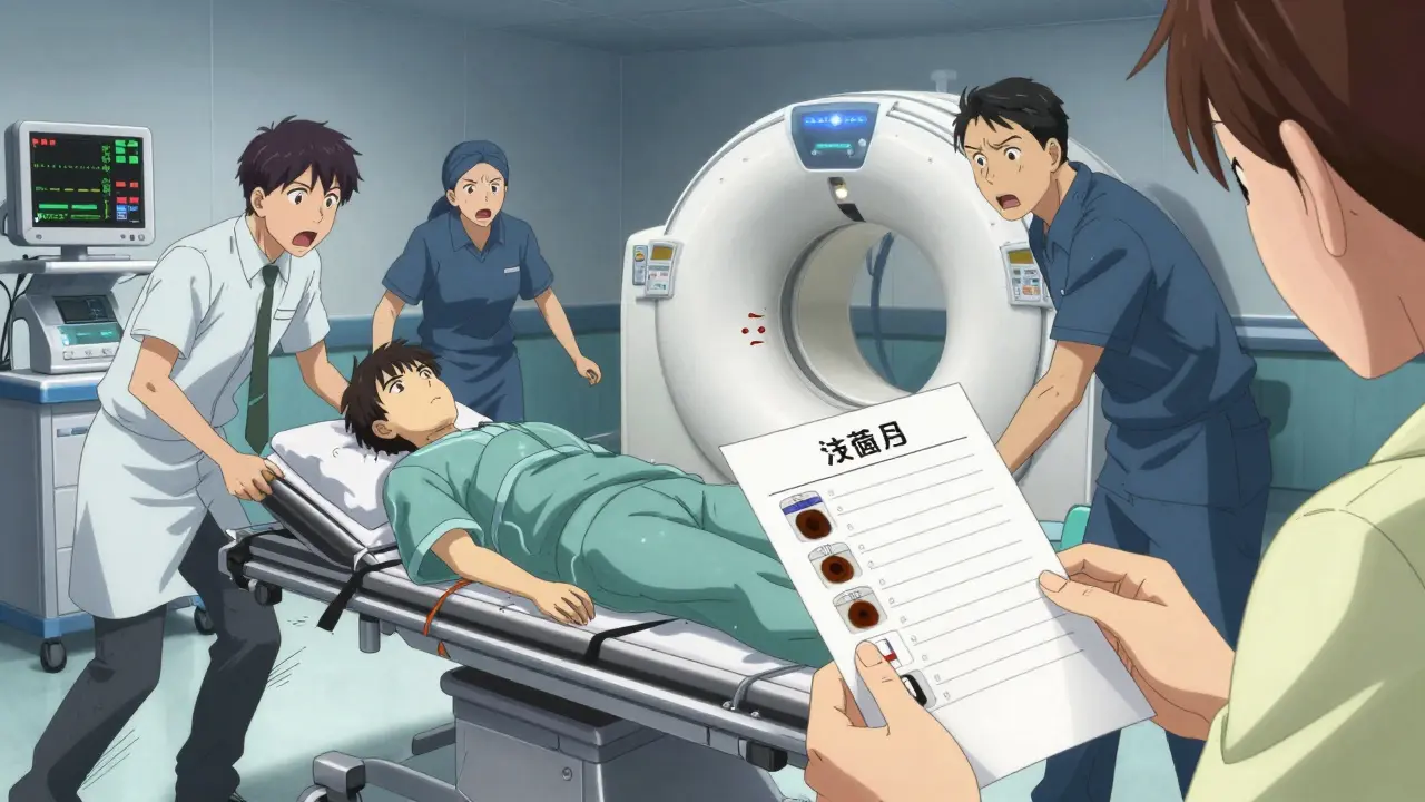 Emergency room scene with patient on gurney, dark stool sample, medical staff rushing, monitors flashing.