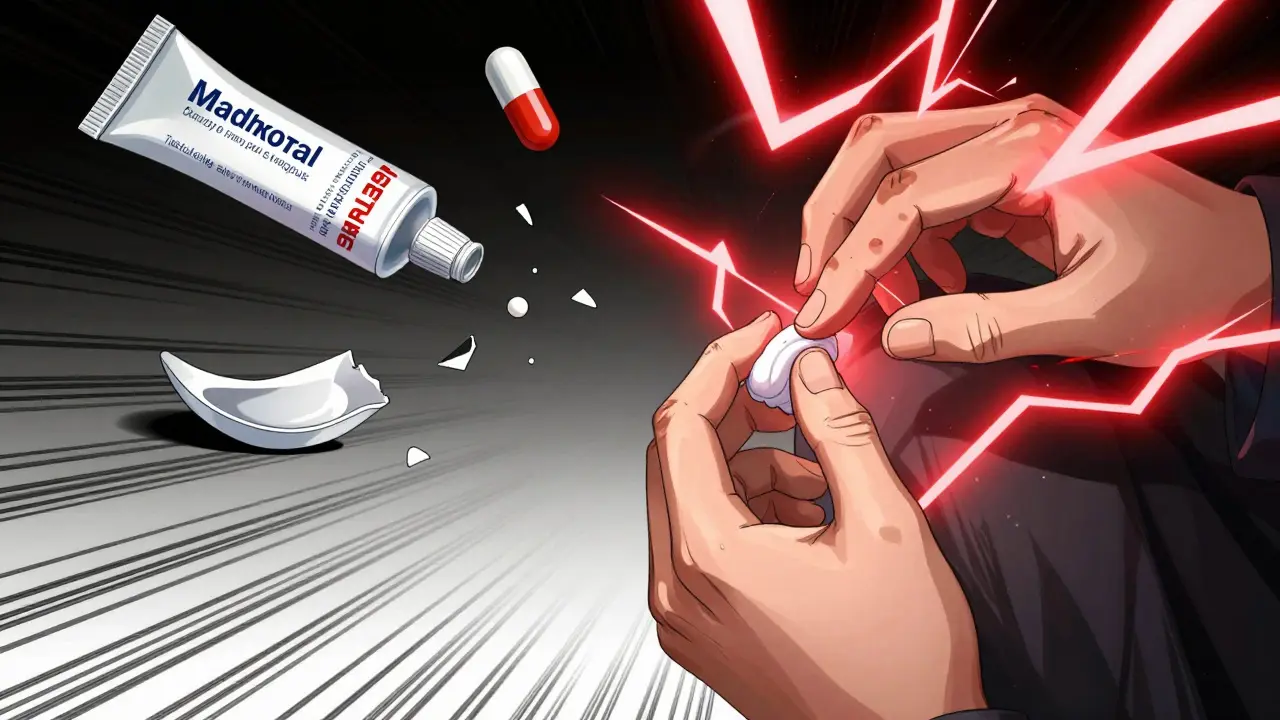 Hand hesitating between treating a pimple and cold sore, with broken products floating in air.