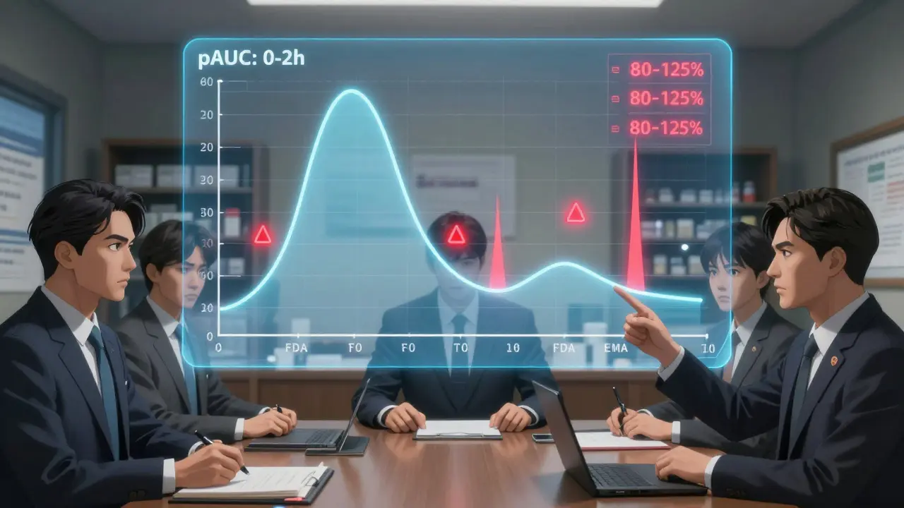Holographic drug absorption curve in a regulatory meeting, one line flawed with spikes, FDA and EMA inspectors pointing at it with warning symbols.