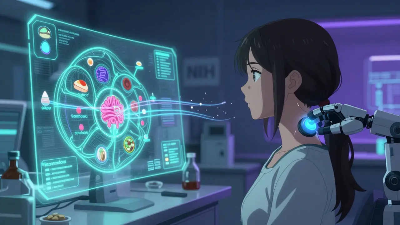 Holographic microbiome map guiding personalized IBS treatment in a high-tech lab setting.