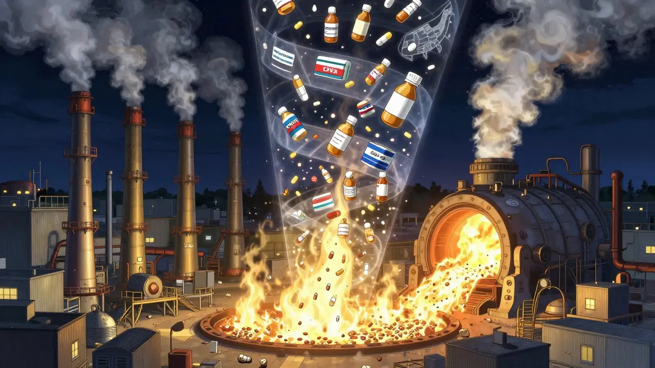 Medications being safely incinerated in a controlled facility at night