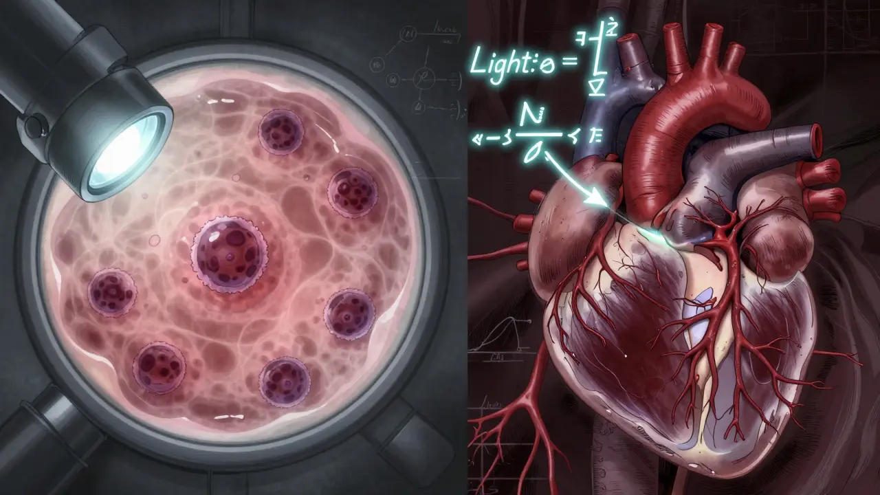 Microscopic view of cancer cells in pleural fluid alongside a failing heart, with glowing diagnostic criteria floating in the air.
