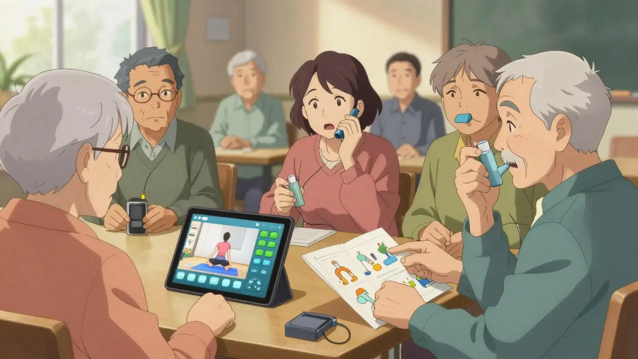 Older adults learning health info through videos, audio, and illustrated guides in a community center.