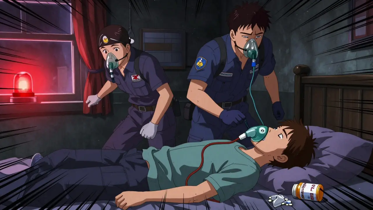 Paramedics attend an unconscious teen with blue lips and oxygen mask, emergency lights flashing.