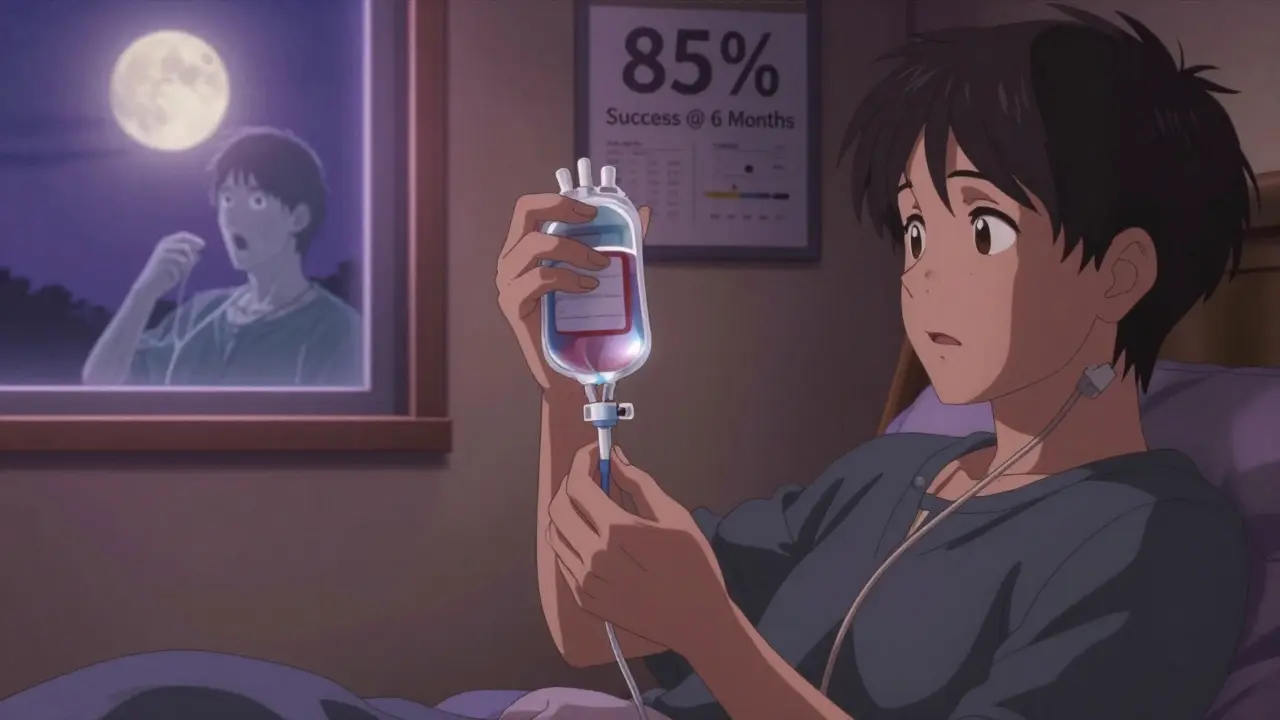 Patient draining pleural fluid at home via indwelling catheter, calm and in control, moonlight illuminating the scene.