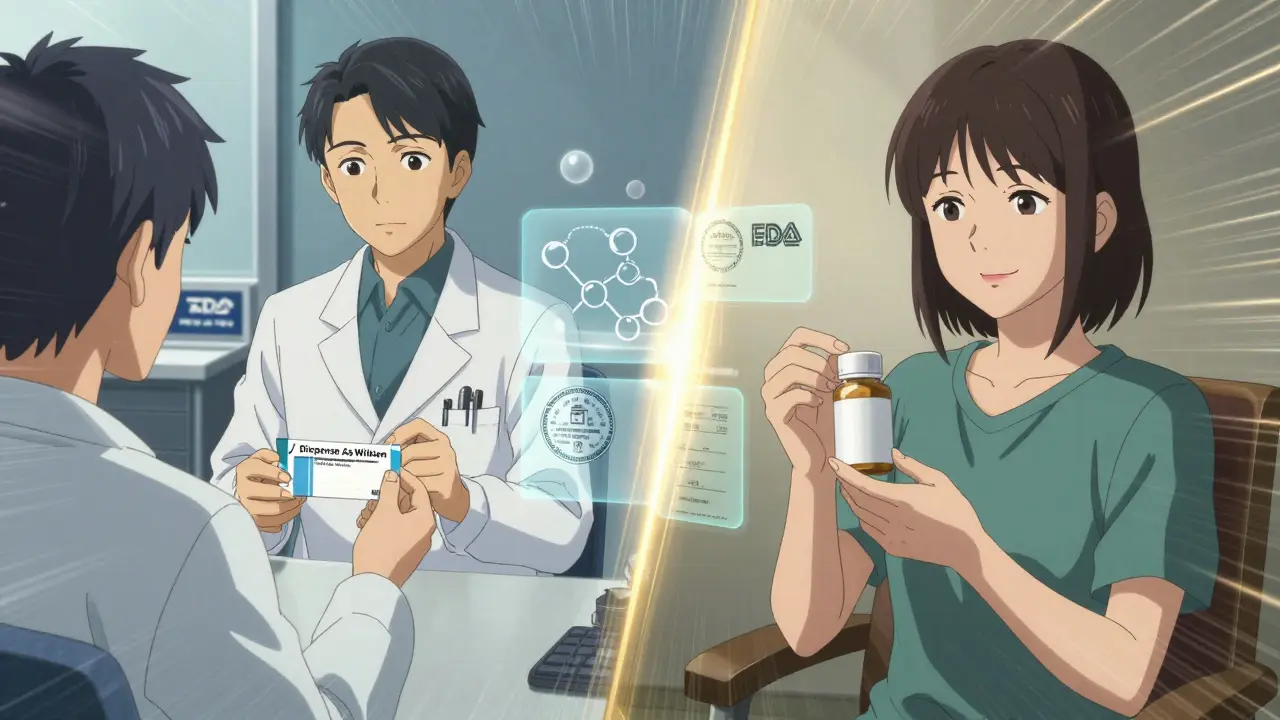 Patient receiving a prescription marked 'Dispense As Written' and later smiling at home with a plain pill bottle.