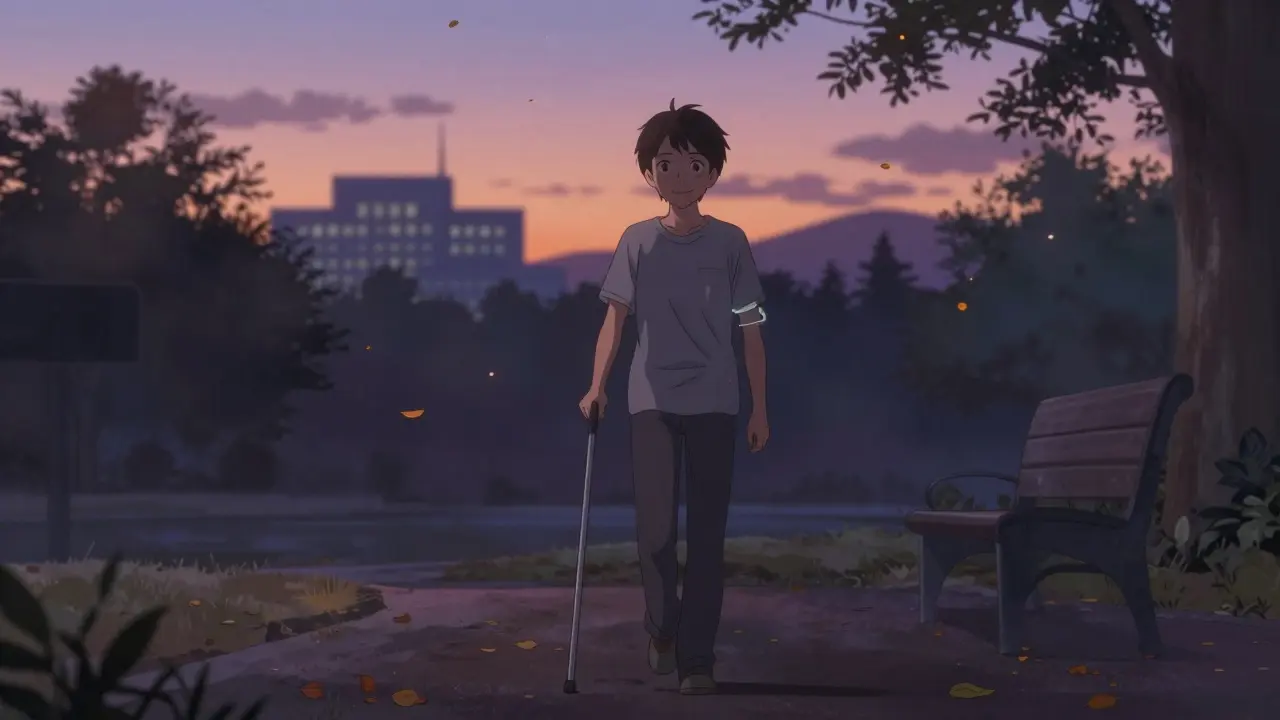 Person walking peacefully in park at dusk, wearing medical alert bracelet, symbolizing safe, confident living on blood thinners.