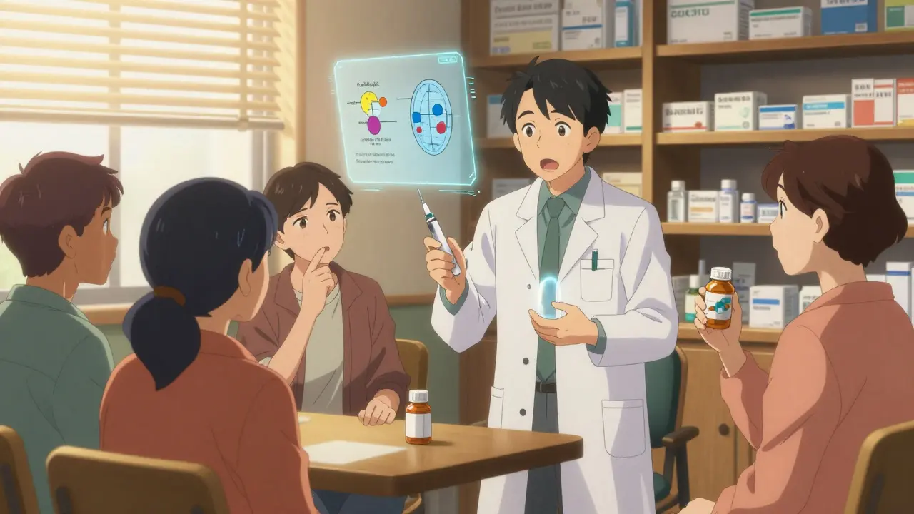 Pharmacist explaining biosimilar differences to patients with glowing medical diagrams in the background.