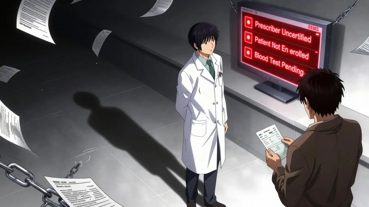 Pharmacist facing REMS system alerts with patient waiting anxiously in background.