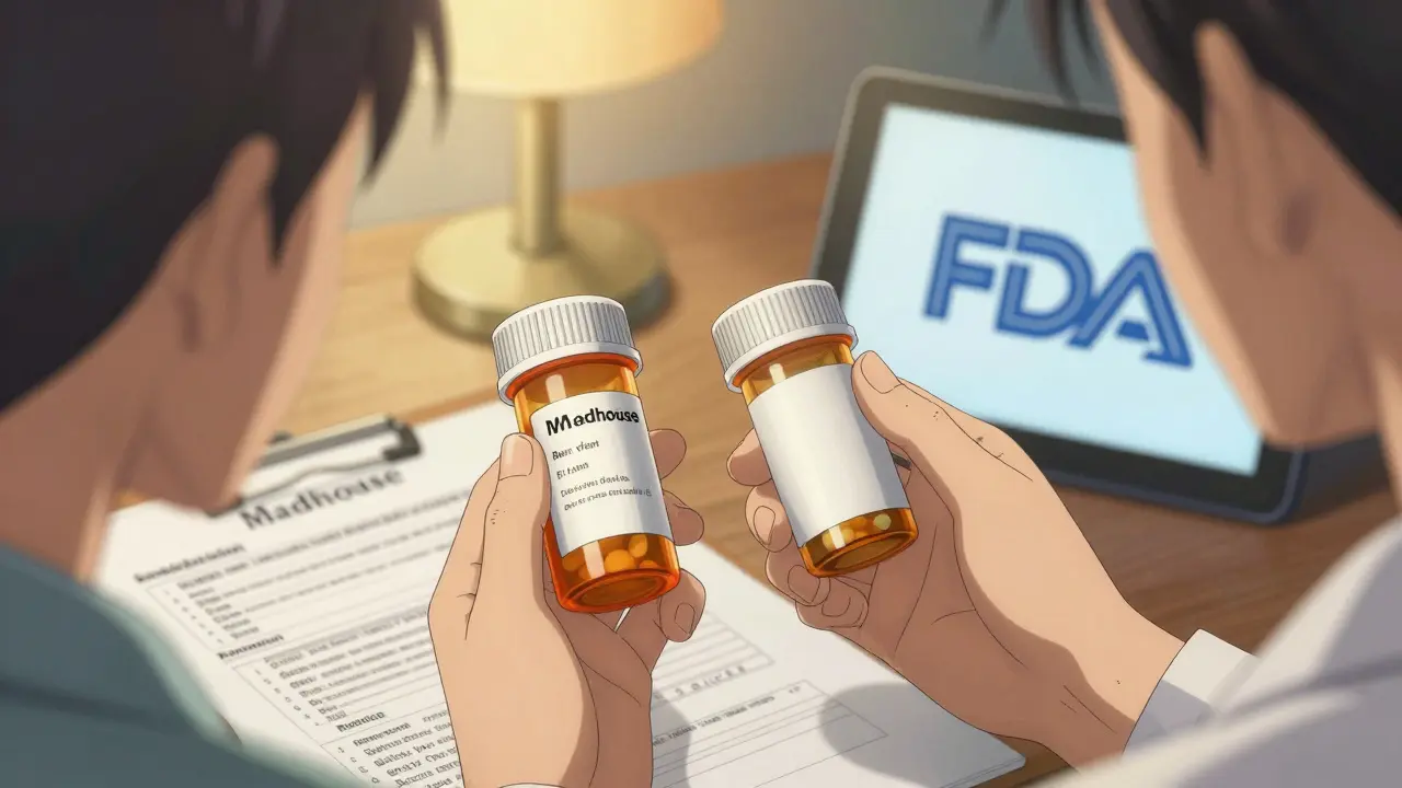 Pharmacist handing two prescription bottles to a patient, one branded, one generic, in a well-lit clinic.