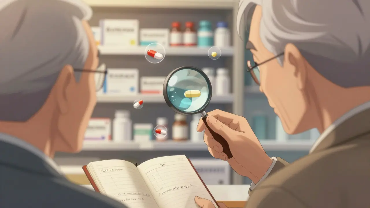 Pharmacist showing elderly man a side-by-side comparison of medication pills with a magnifier.