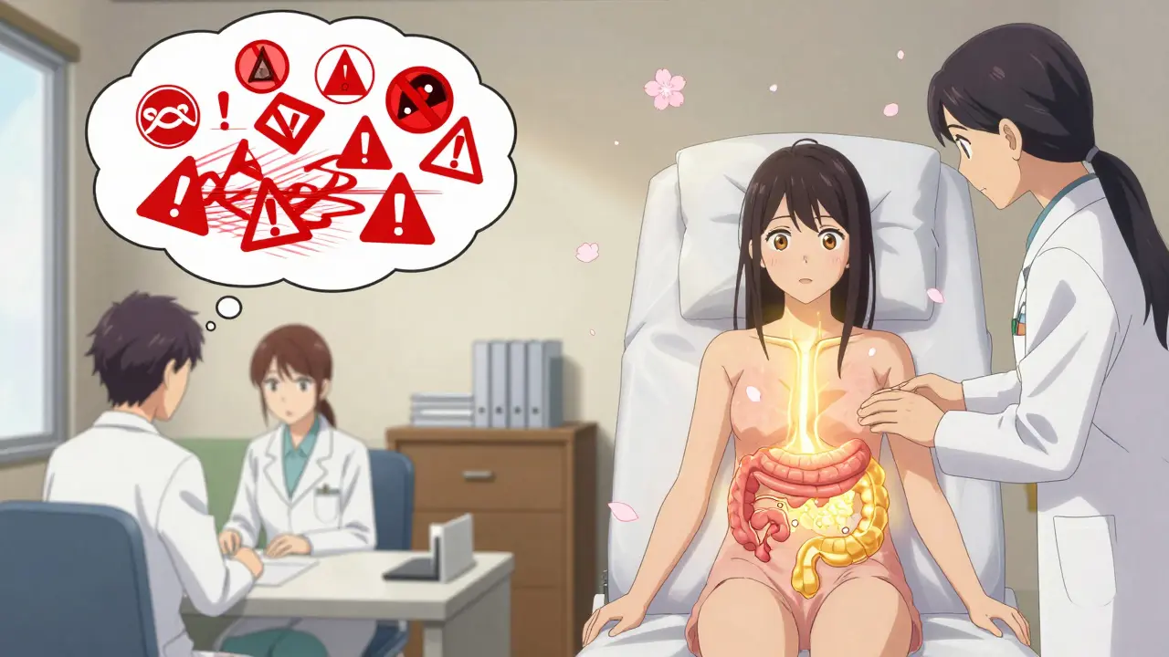 Split scene: distressed patient vs. calm healing moment with golden light along the gut-brain axis.