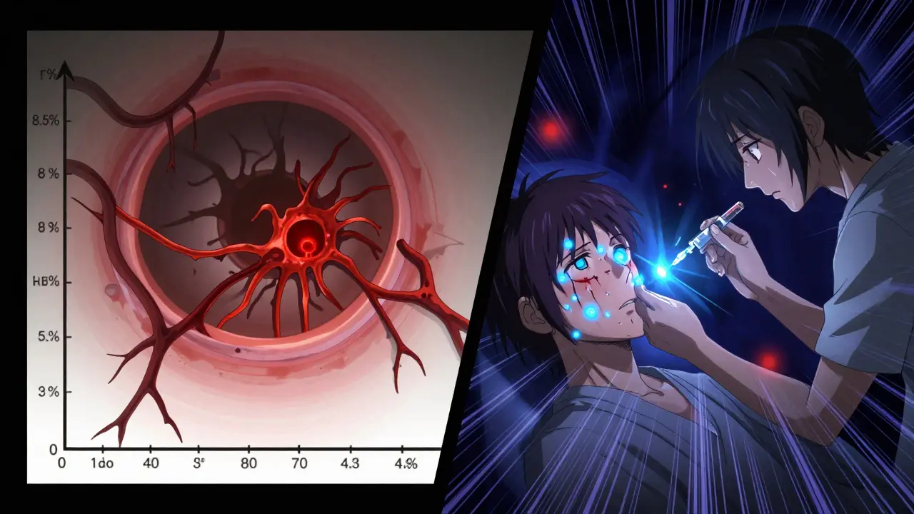 Split scene showing worsening retinal damage on one side and anti-VEGF treatment calming blood vessels on the other.