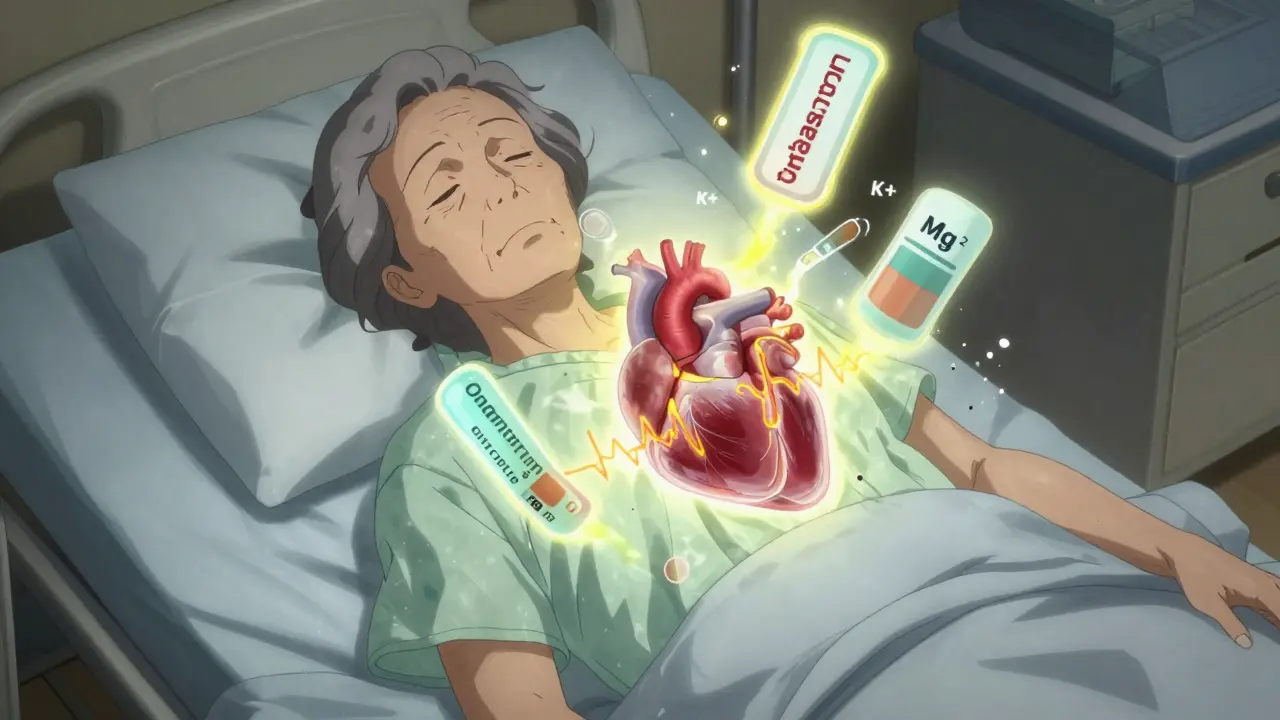 Translucent elderly woman with chaotic heart rhythm and drug labels hovering like curses above her chest.