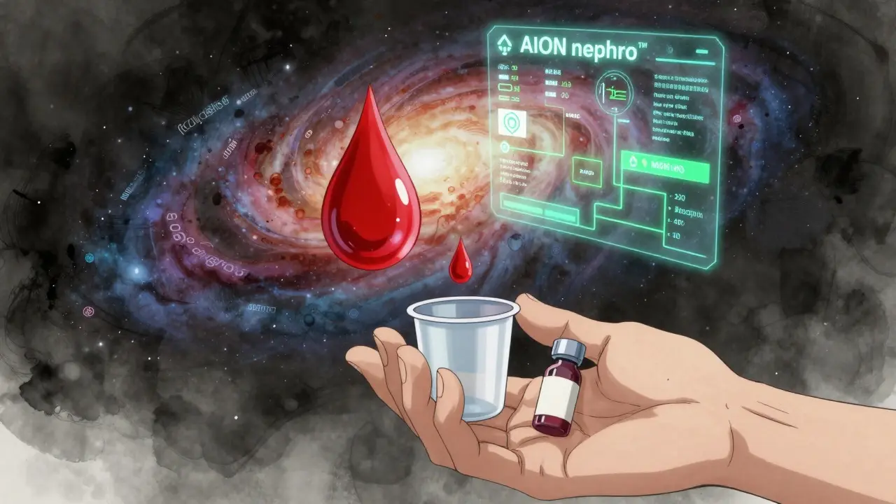 A blood drop becoming data as an AI interface shows prevention paths, with a hand reaching for a test cup.