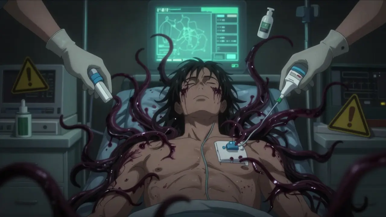 A central venous catheter in a patient's chest surrounded by shadowy infection tendrils in a dim hospital room.