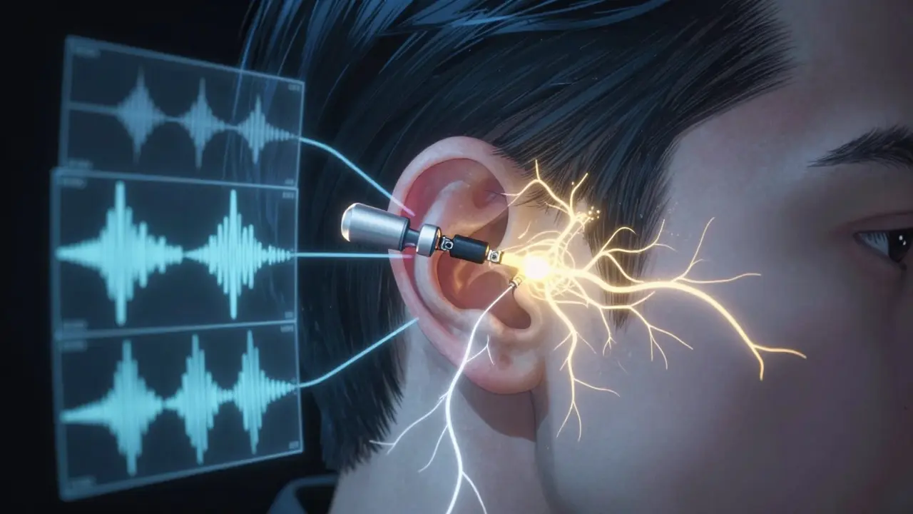 A detailed cross-section of an inner ear with a cochlear implant being inserted, glowing neural pathways lighting up.