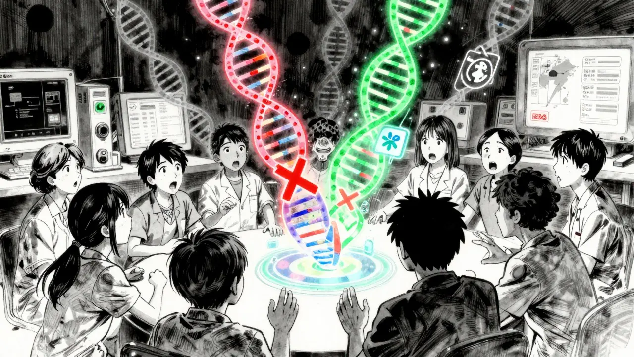 A futuristic lab with holographic DNA strands showing safe and dangerous genetic reactions to medication.