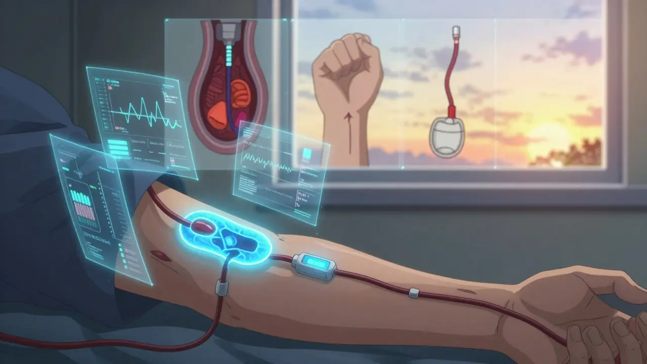A glowing bioengineered blood vessel being implanted, with holographic data streams floating around it.