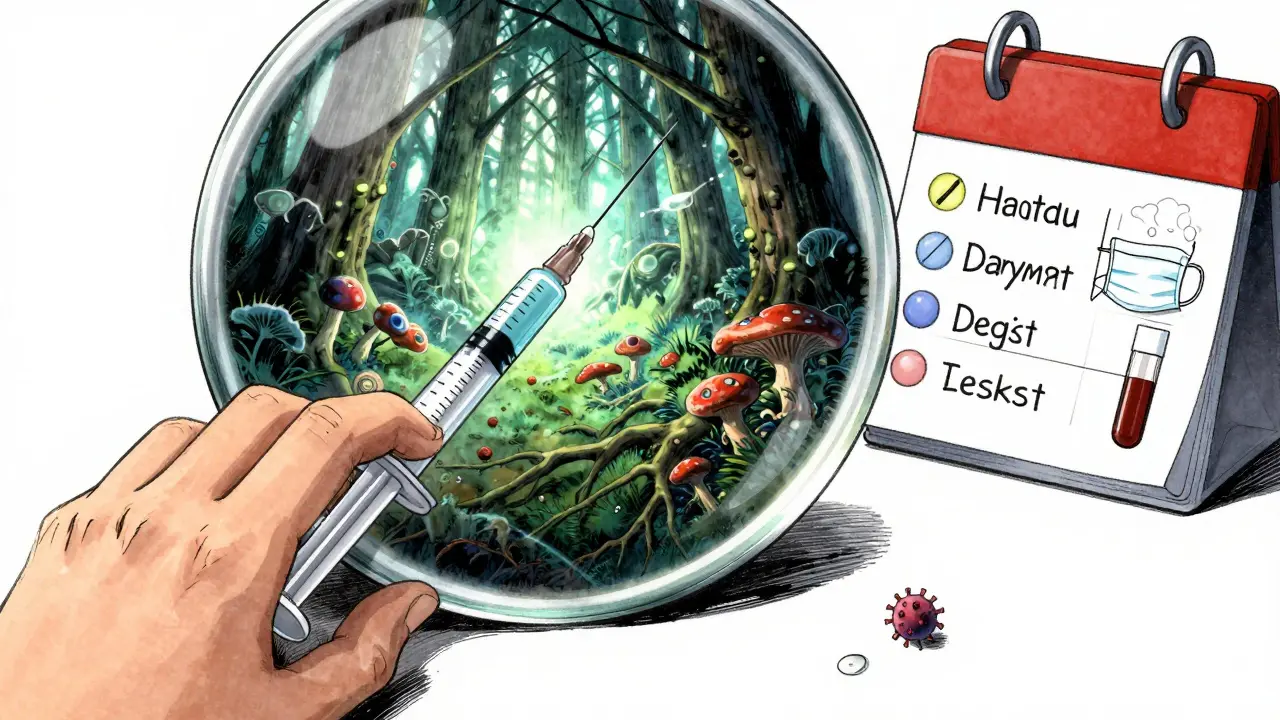 A hand holding a biologic syringe, reflection showing immune system as a forest under attack, daily health checks visible in background.