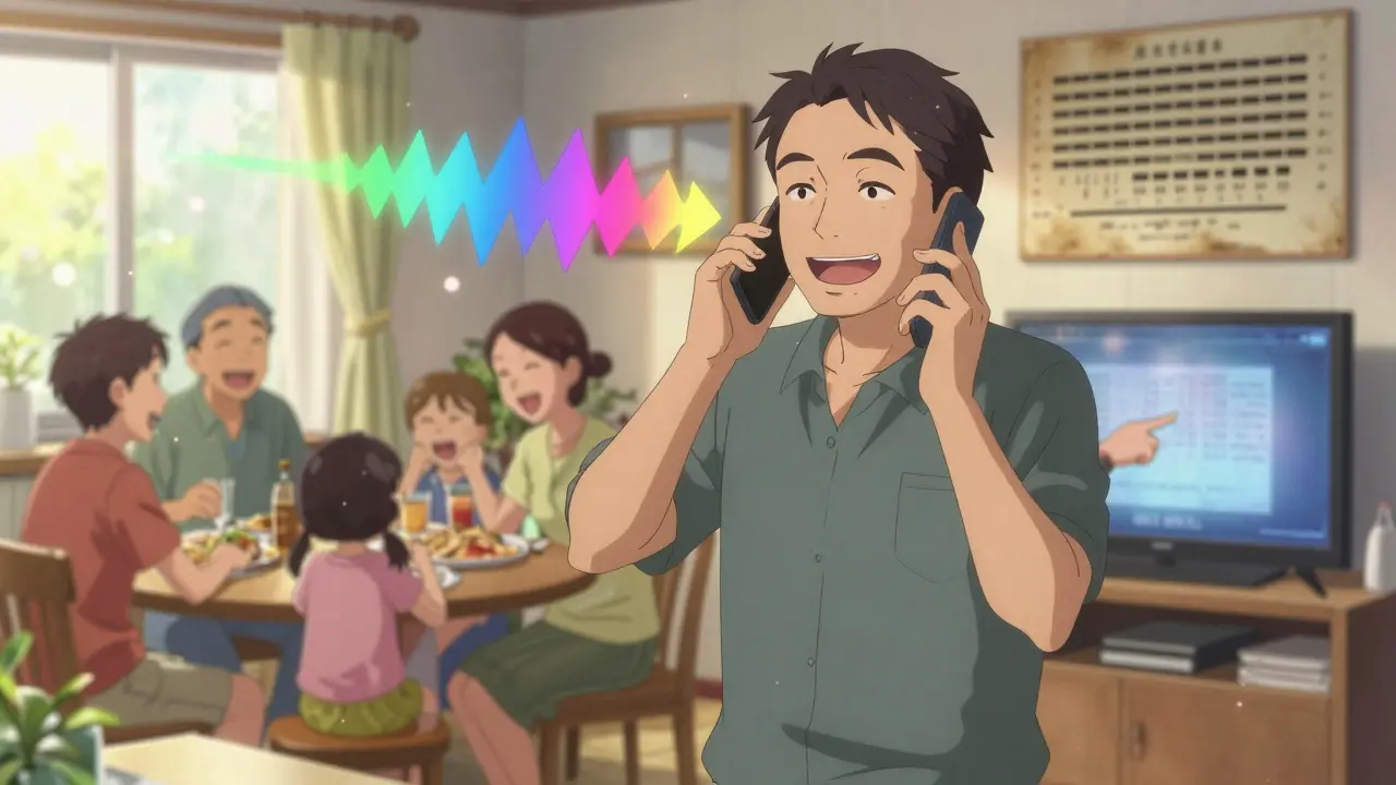 A man smiling on the phone with his granddaughter in a sunny kitchen, sound waves turning from static to colorful melodies.
