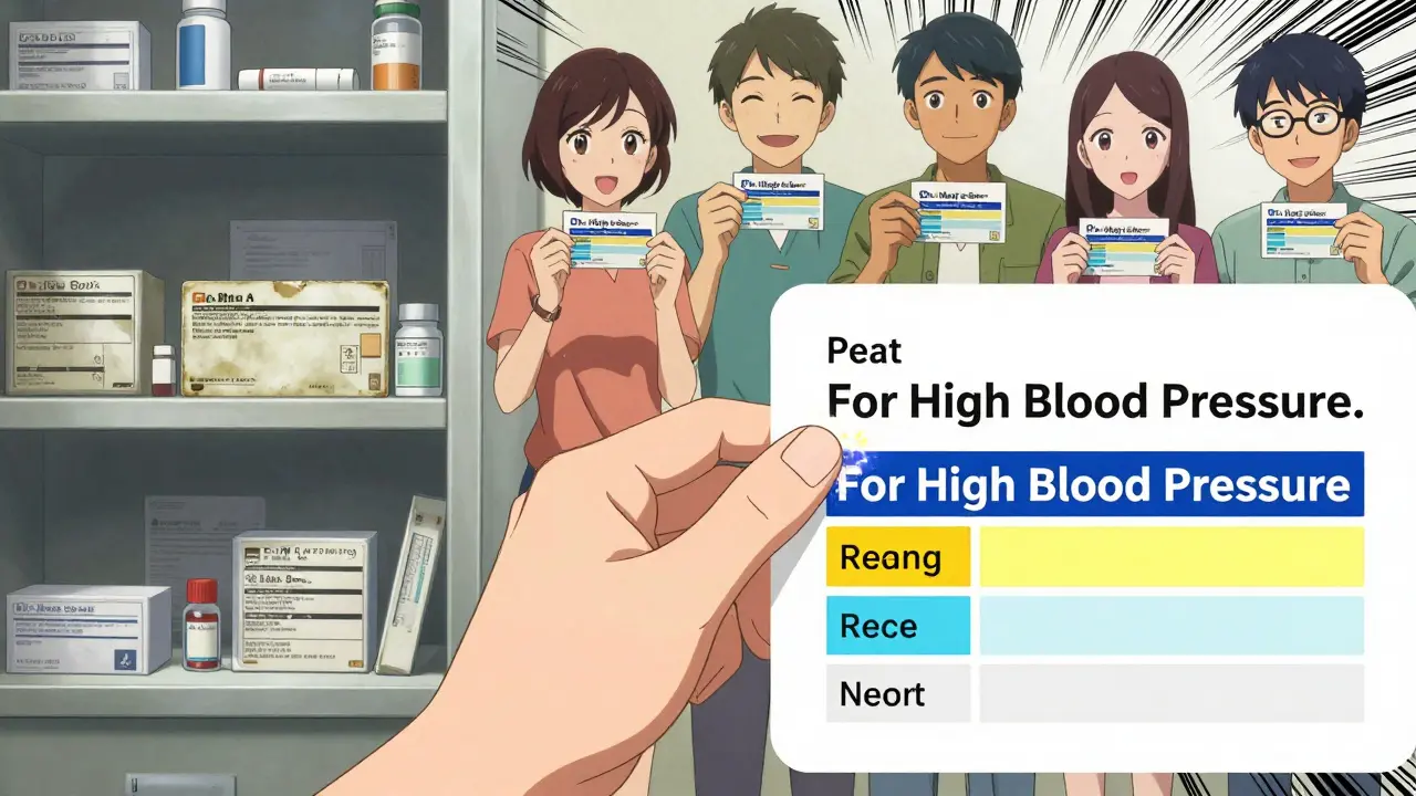 A transformed medicine label from small print to large, clear text with color-coded instructions.