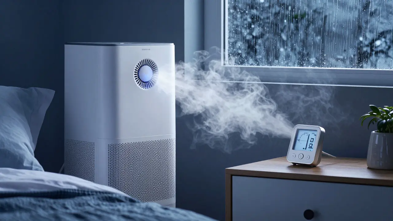 Dehumidifier and hygrometer controlling bedroom humidity.