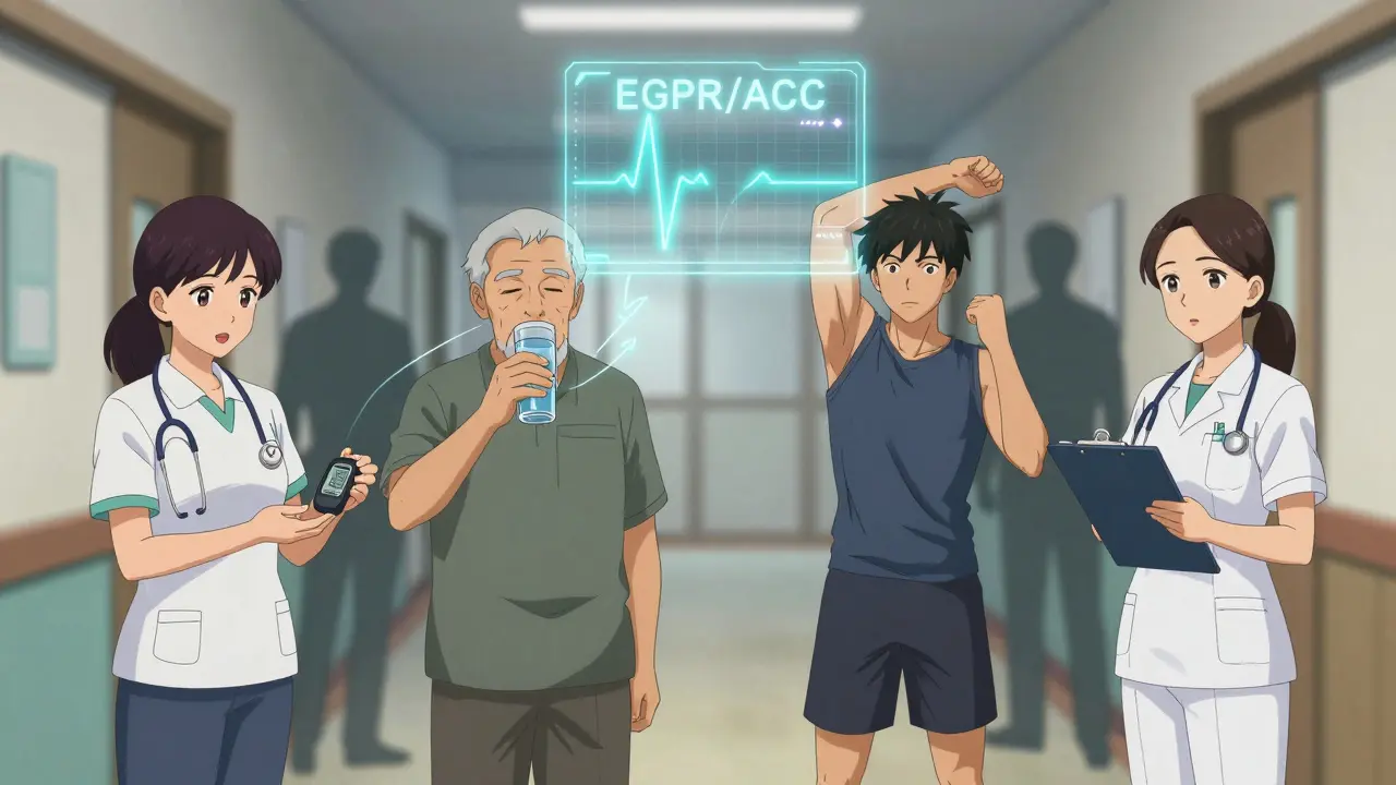 Diverse people in a clinic with glowing health data connecting them to an eGFR/ACR chart, highlighting unseen risk.