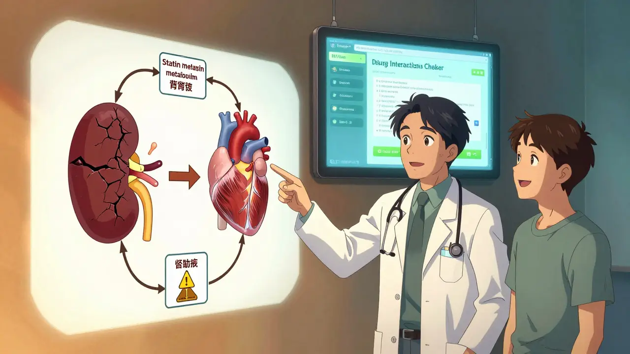 Doctor pointing at a floating flowchart of statin metabolism pathways, with warning signs and a drug interaction checker on screen.