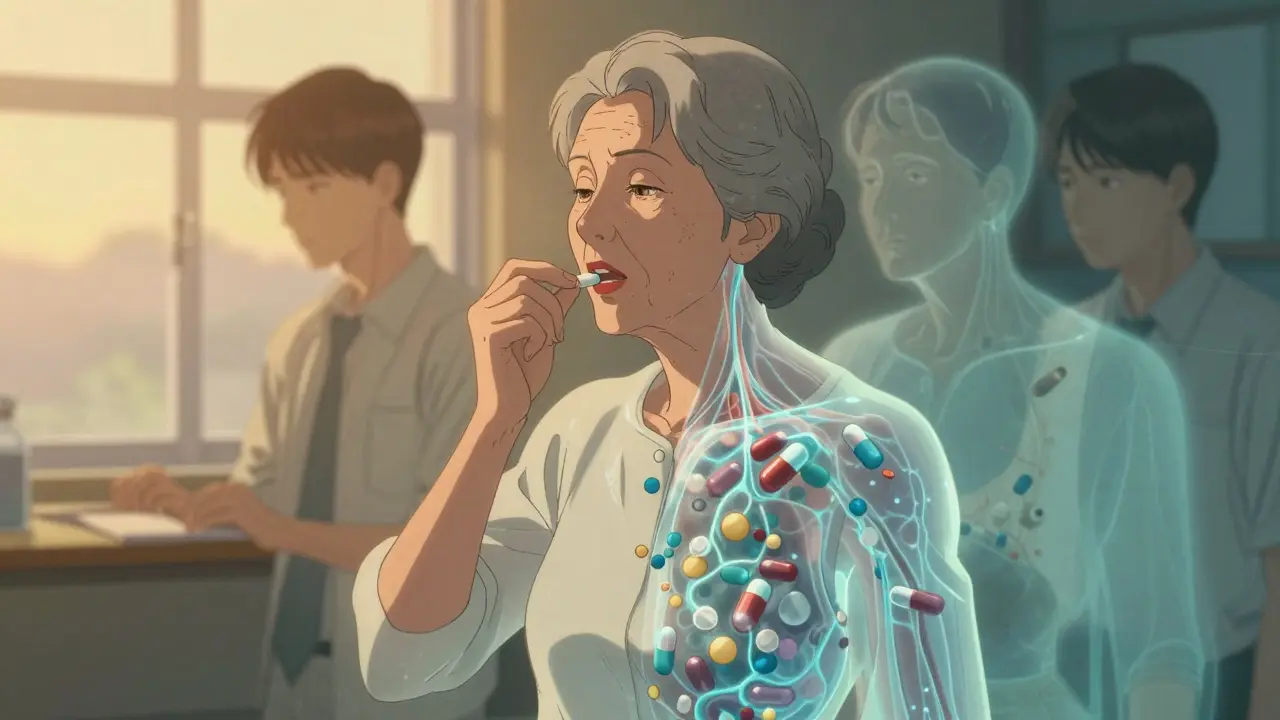 Elderly woman swallowing a pill with translucent bloodstream showing drug flow, fading male study echoes.