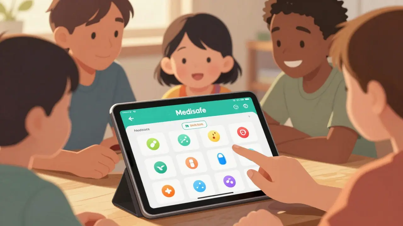 Family using Medisafe app on tablet with medication icons and drug interaction warning alert.