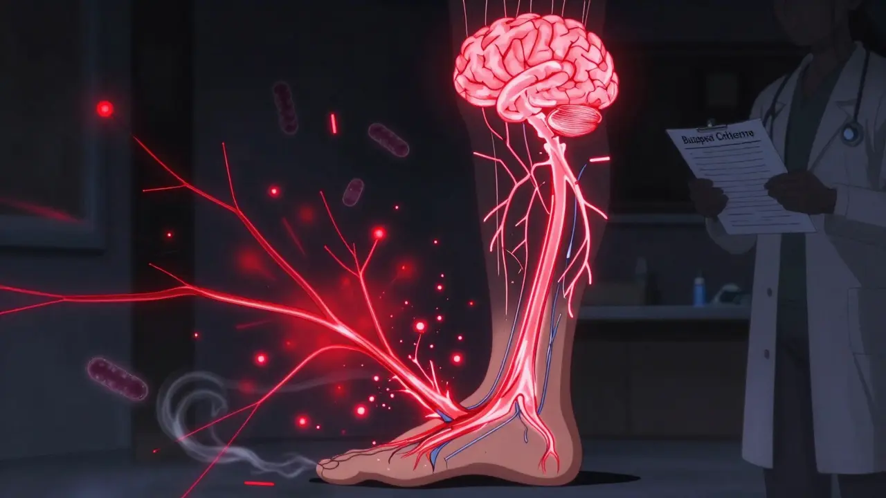 Fragmented nervous system glowing with chaotic signals spreading from an ankle injury to the brain.