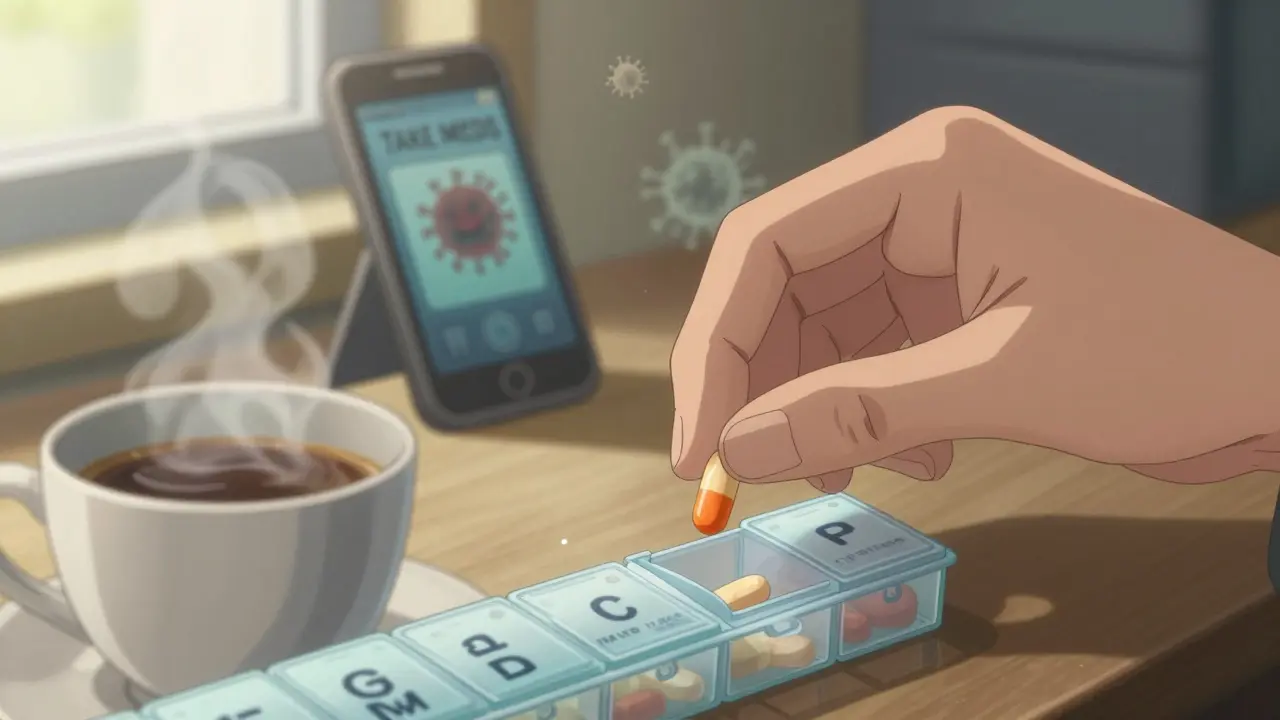Hand placing a daily antiviral pill next to coffee with phone alarm visible