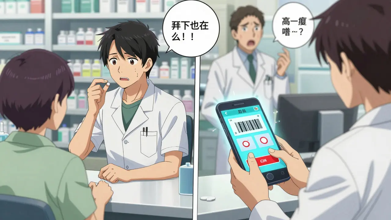 Pharmacy scene with smartphone app scanning medication and flashing allergen alerts.