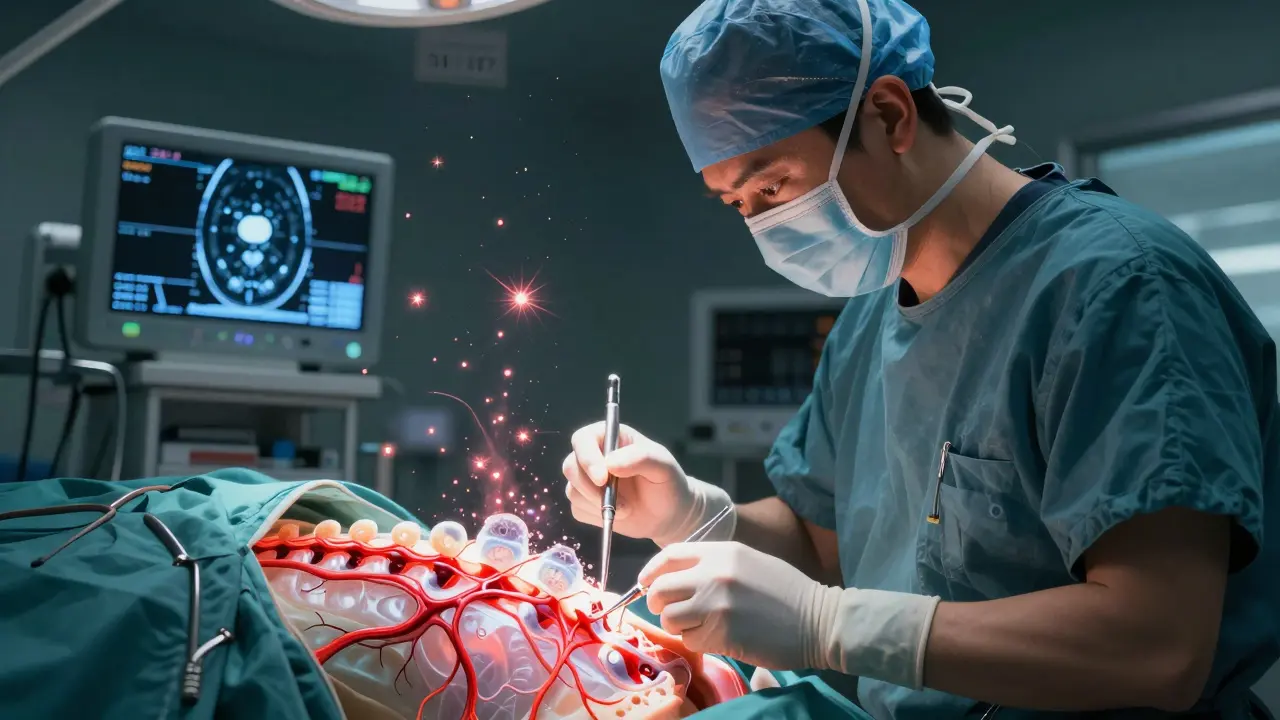 Surgeon performs ACDF surgery with glowing spinal cord and MRI data visible.