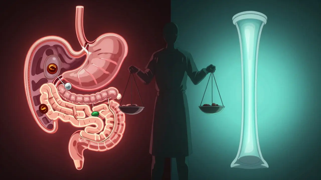 Surgical pathways of gastric bypass and sleeve gastrectomy depicted as glowing, abstract routes with supplements and food flow visualized artistically.