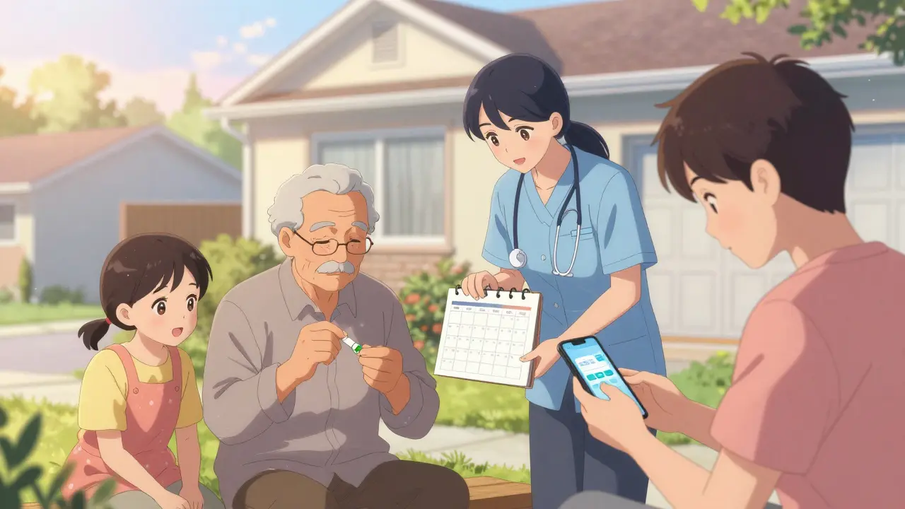 Three generations coordinating medication care at sunrise with physical calendar and smartphone.