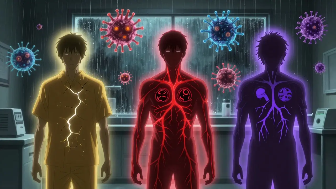Three patients illuminated by colored halos representing different immunosuppressants, with ghostly pathogens hovering around them.