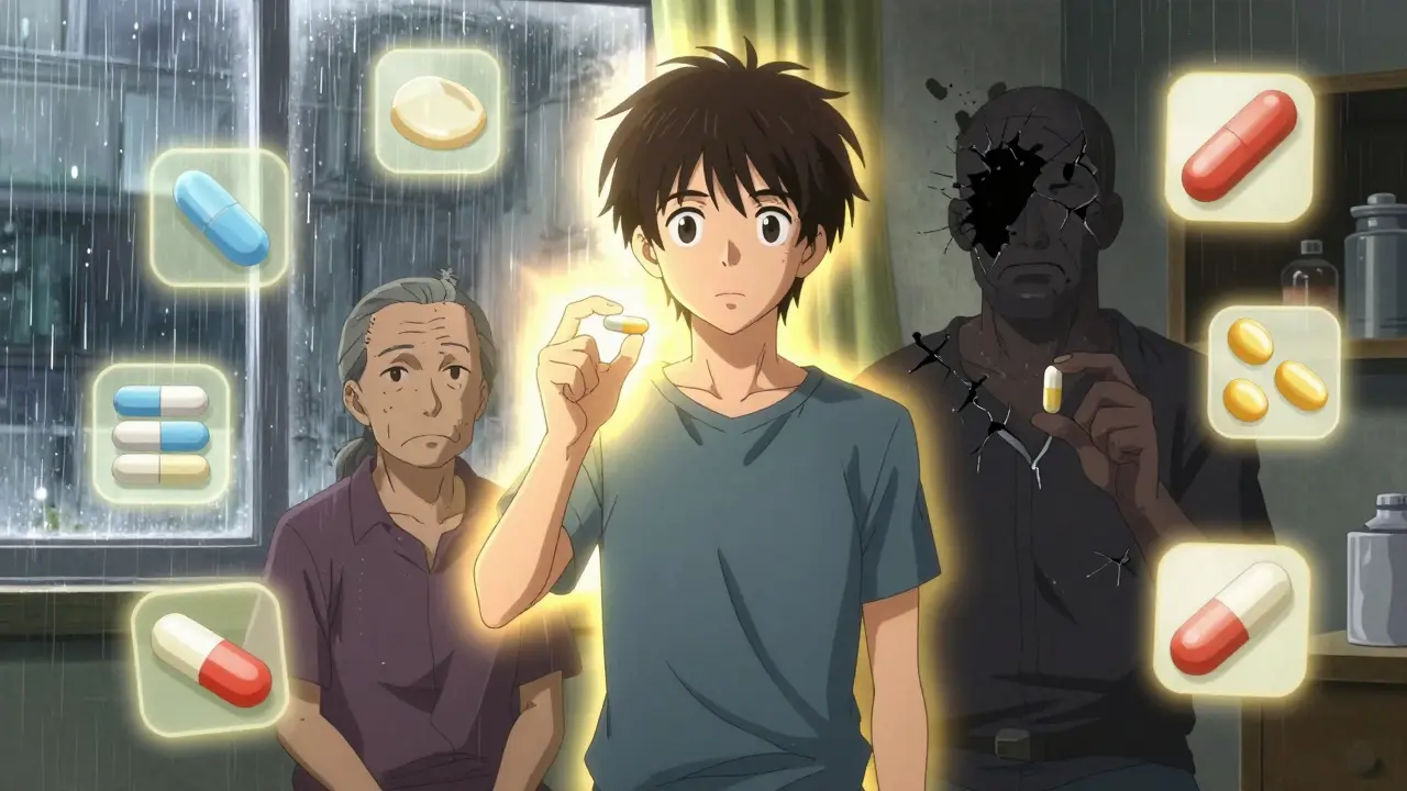 Two HIV patients side by side—one with a glowing safe statin, another with a crumbling dangerous one, symbolizing modern vs. older regimens.