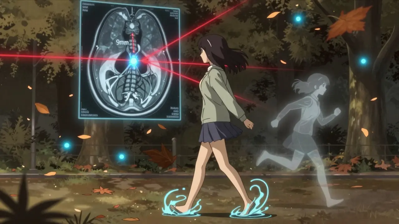 Woman walks slowly through a park as her younger self runs behind her, symbolizing lost mobility.