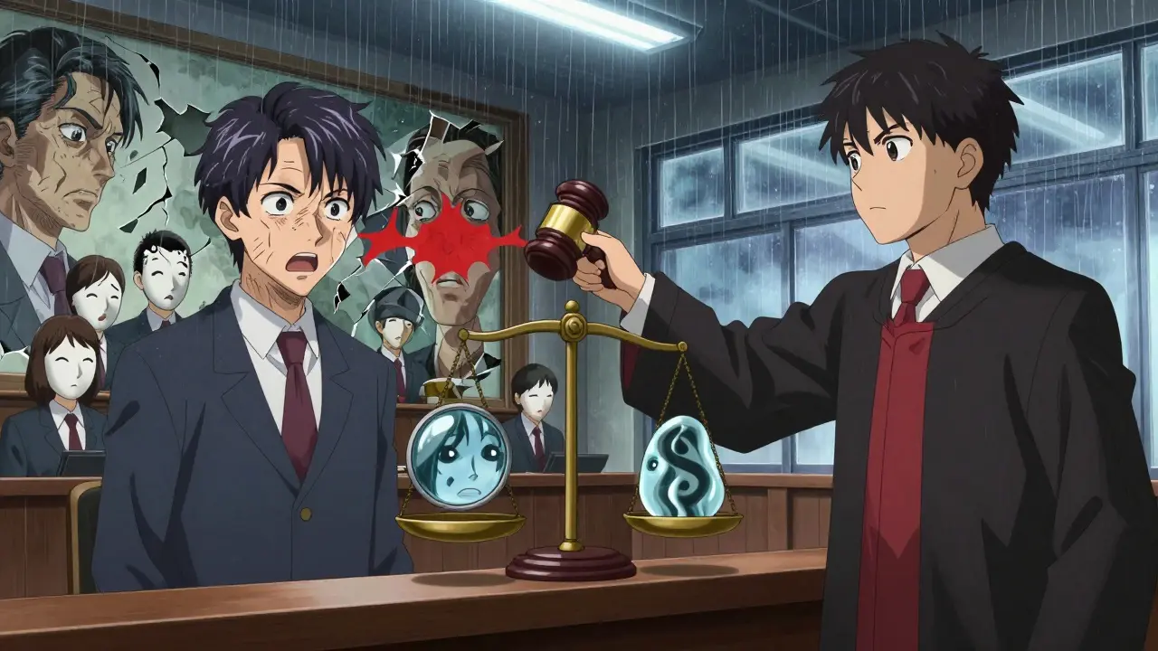 A courtroom scene where a witness's memory is warping into distorted shapes, with a judge’s scale balancing fact and belief.